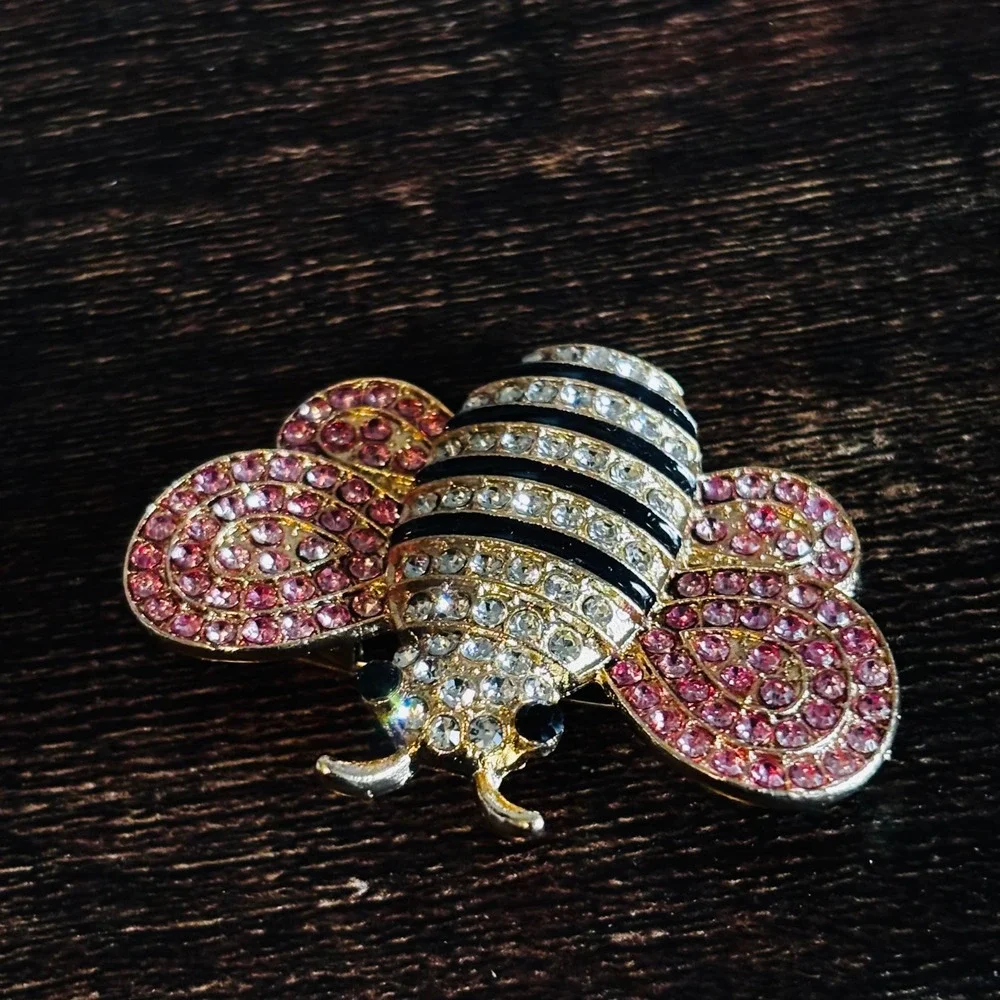 Gold Tone Pink Rhinestone Bumblebee Brooch Crystal Insect Black Enamel Stripe
